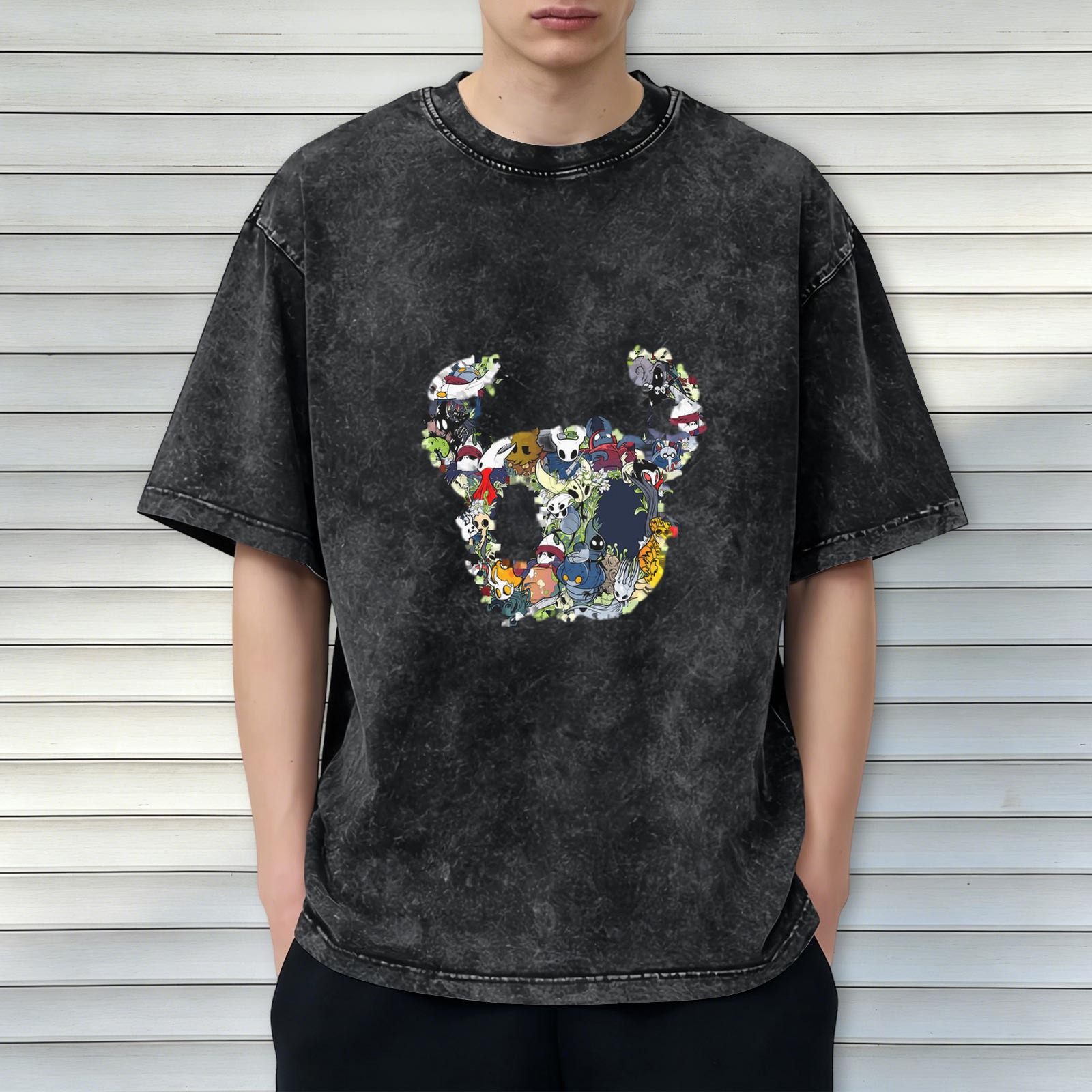 Oversized Washed Black T-Shirt With Hollow Knight Character Collage Graphic