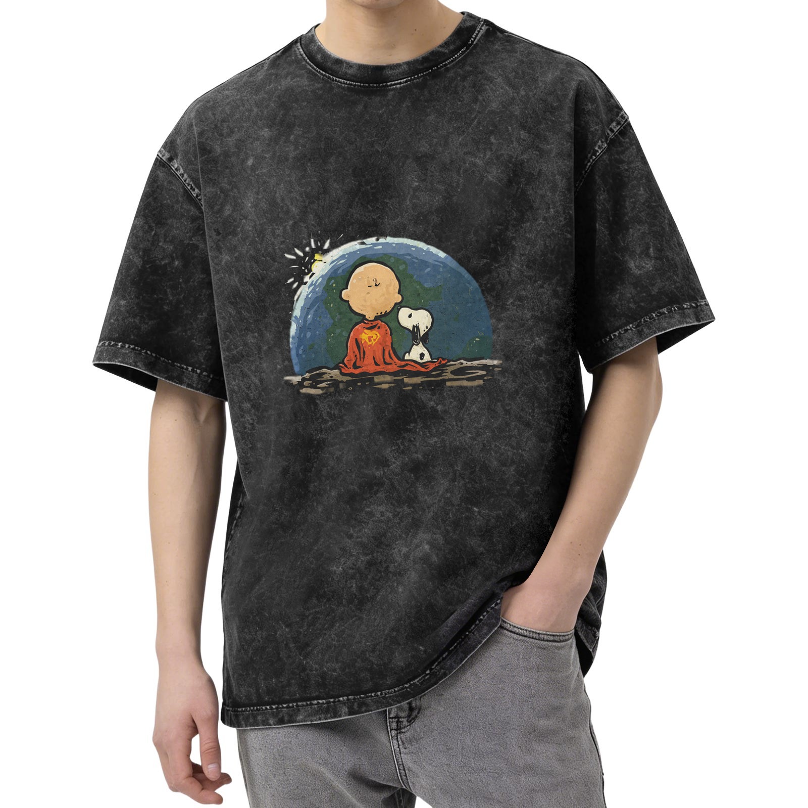 Washed distressed black loose short-sleeved T-shirt Peanuts comic Charlie Brown Snoopy printed top