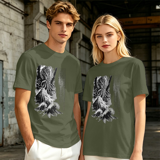 Olive T-shirt with Cthulhu and Wave Gothic Art Print