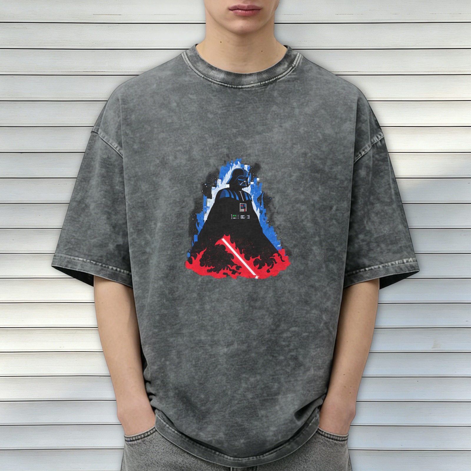Washed Black T-Shirt with Darth Vader Graphic Design