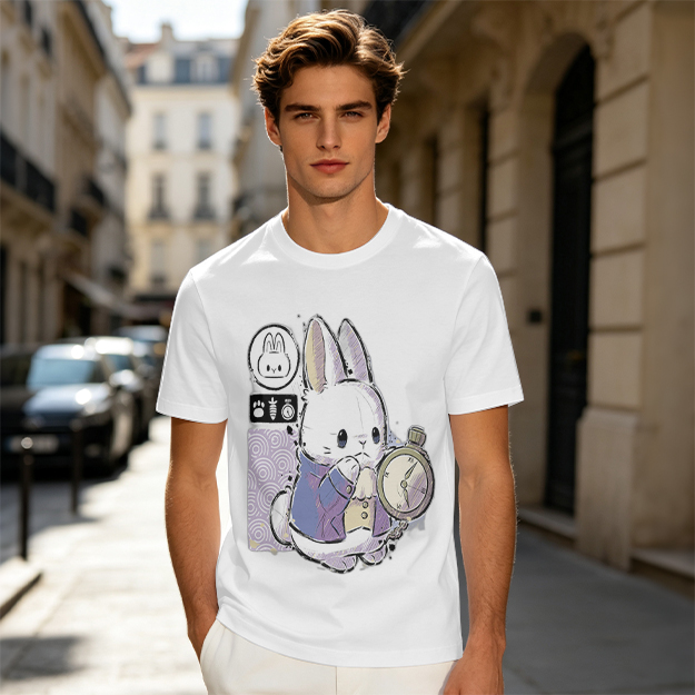 Olive T-Shirt With White Rabbit Holding Pocket Watch Print