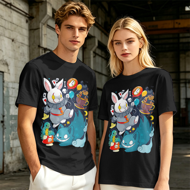 Alice in Wonderland Themed Graphic T-Shirt with Whimsical Characters