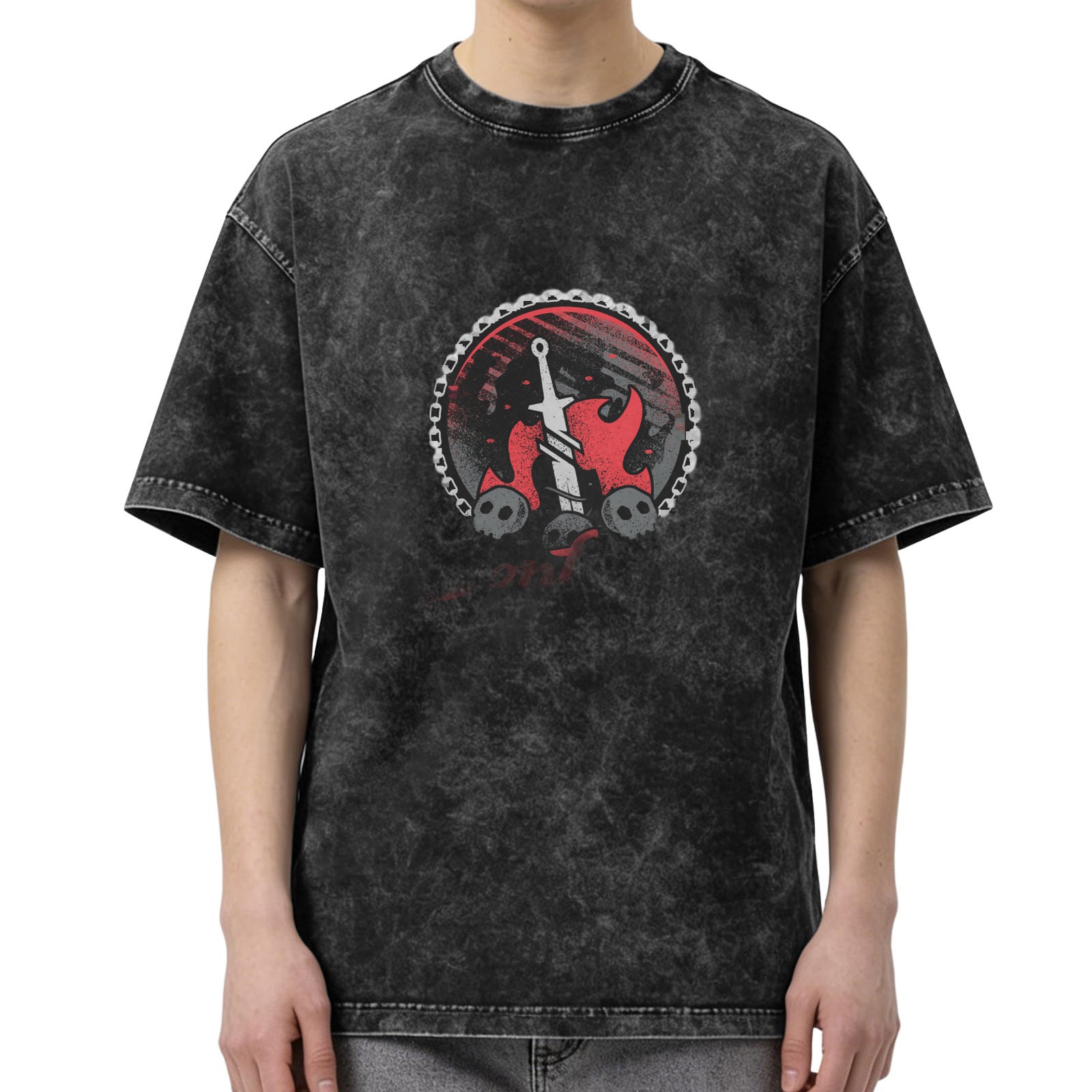 Oversized Acid Wash T-Shirt With Gothic Sword Skull Flame Graphic
