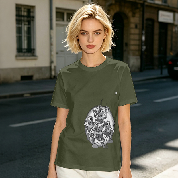 Olive green graphic t-shirt with cartoon monkey crew print