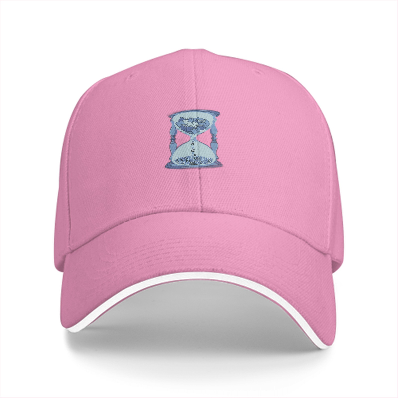 Black baseball cap with light blue hourglass graphic design