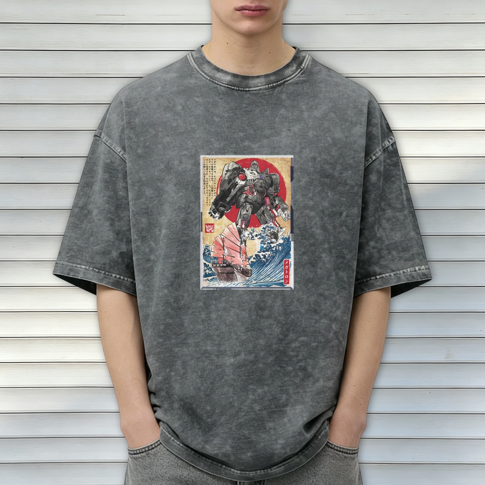 Oversized Acid Wash T-Shirt with Japanese Woodblock Style Robot Print