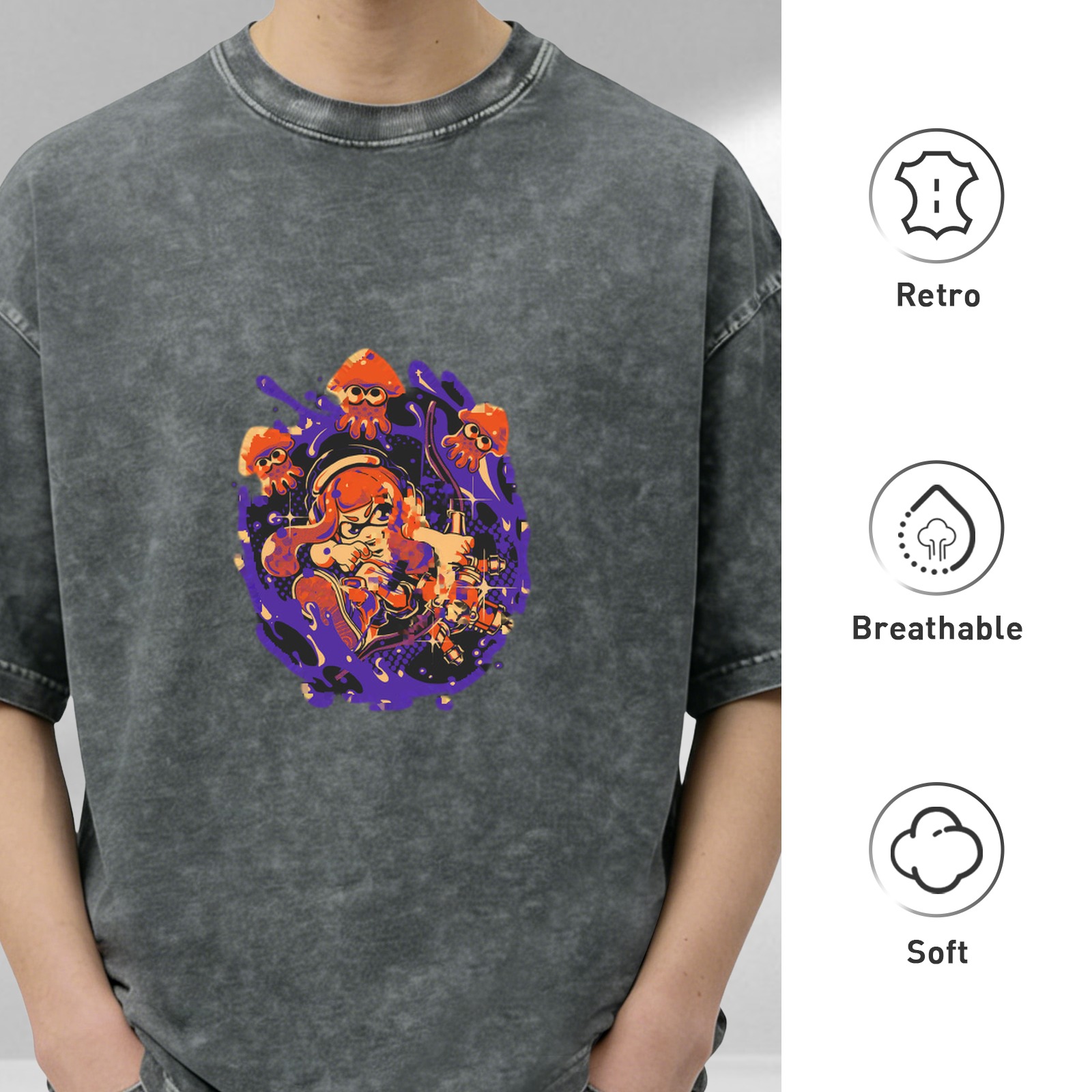 Washed black graphic t-shirt with Splatoon style inkling and squid design