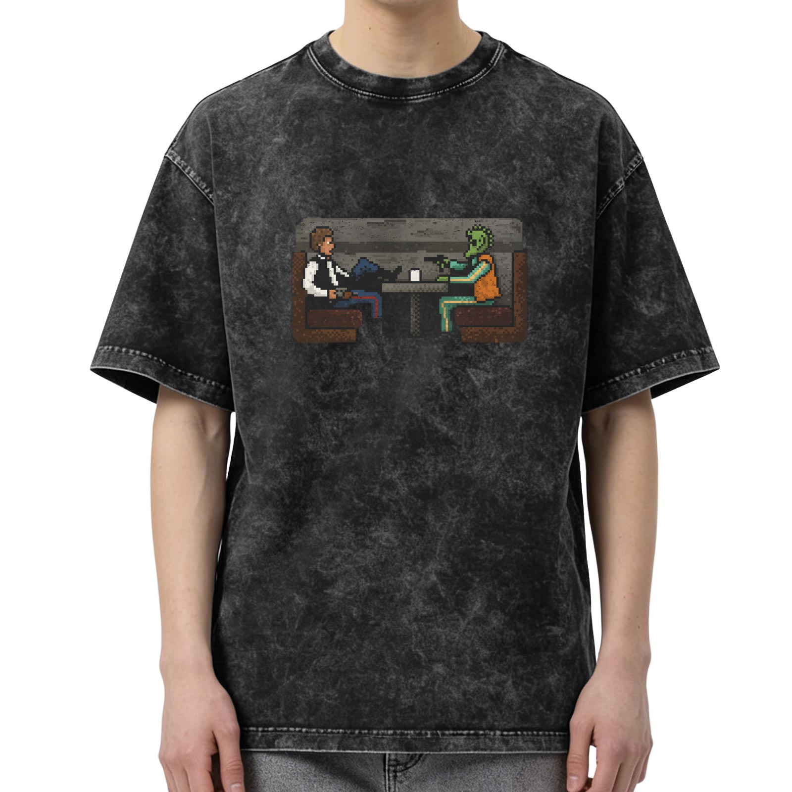 Retro washed black loose short-sleeved T-shirt Star Wars themed pixel style pattern