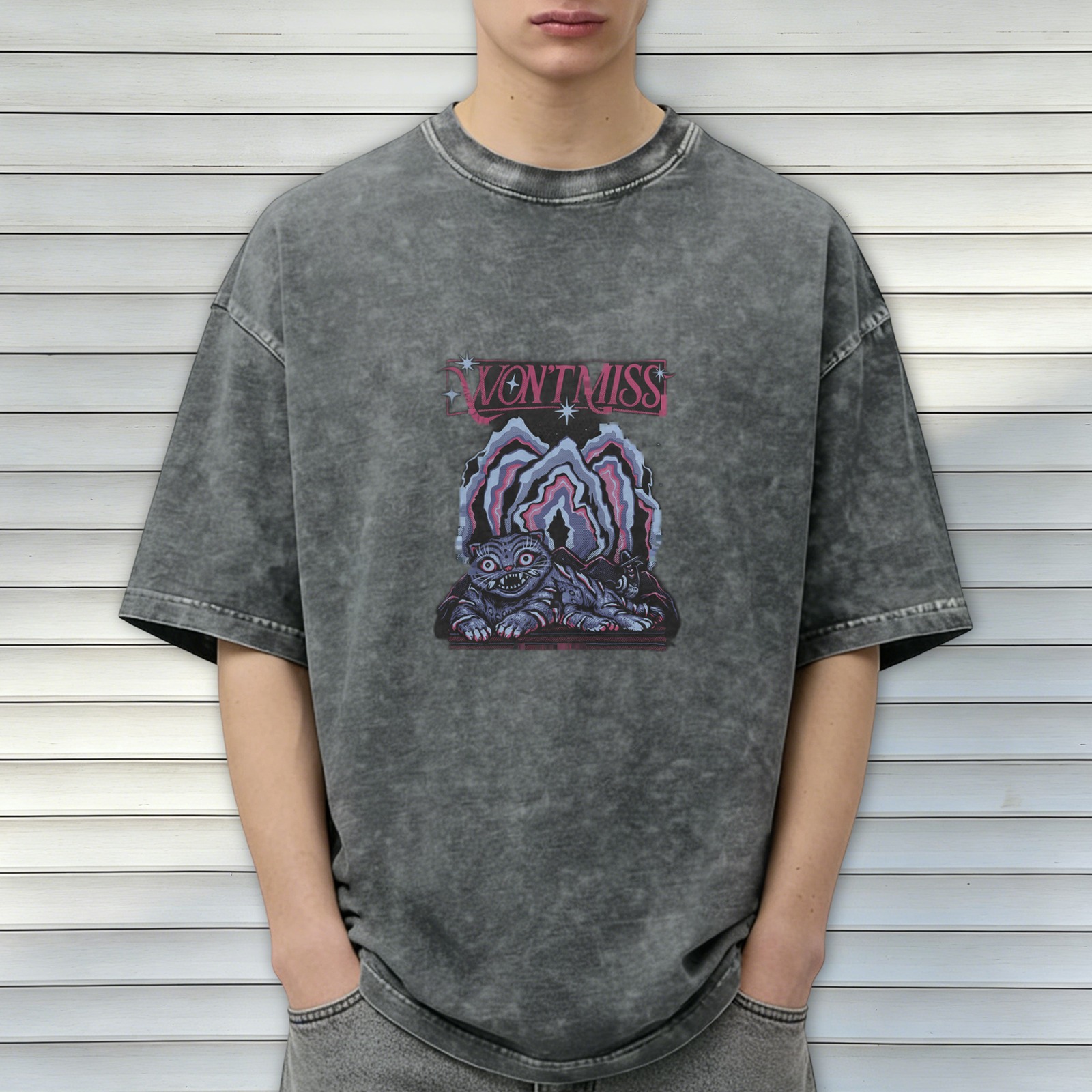 Wont Miss Graphic Acid Wash Oversized T-Shirt With Cheshire Cat Print