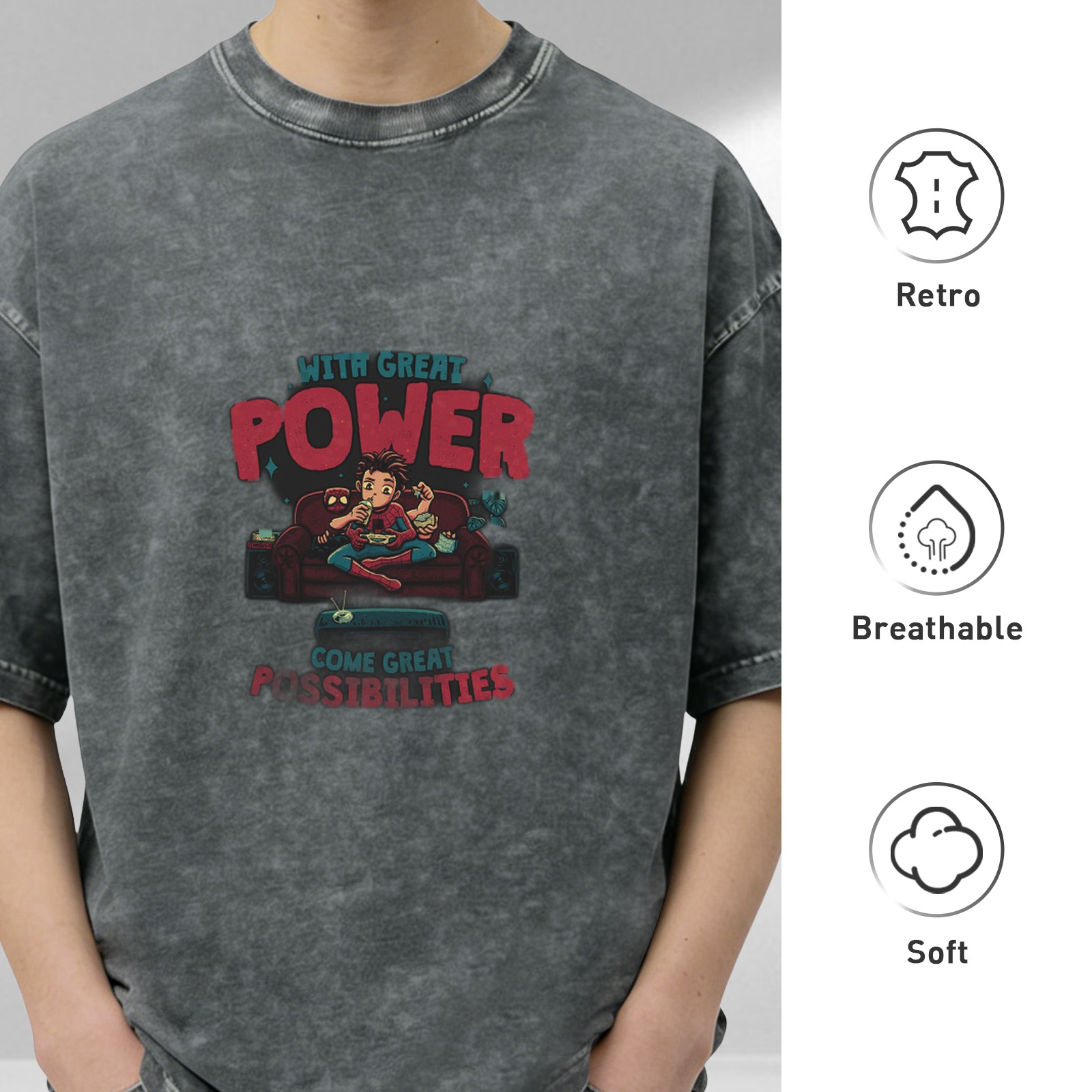 Washed Black Graphic T-Shirt With Spider-Man 'With Great Power' Design