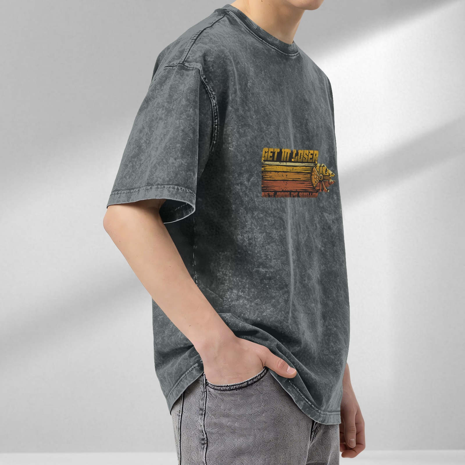 Star Wars themed 'Get In Loser We're Joining The Rebellion' graphic acid wash oversized short sleeve t-shirt