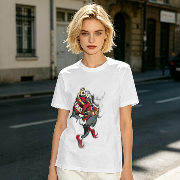 Olive T-shirt with distressed cartoon Santa Claus graphic