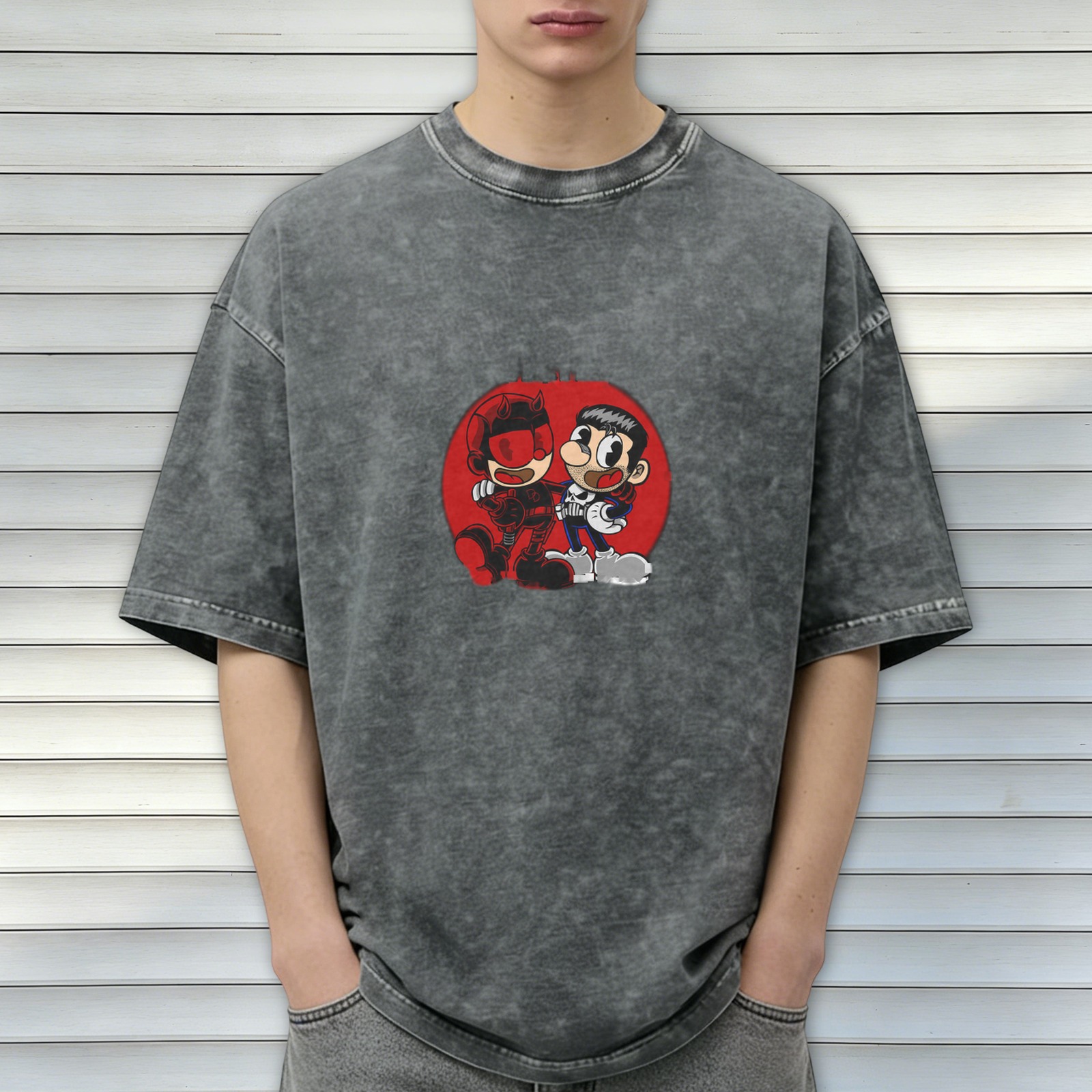 Oversized Washed T-Shirt with Retro Cartoon Superhero Print