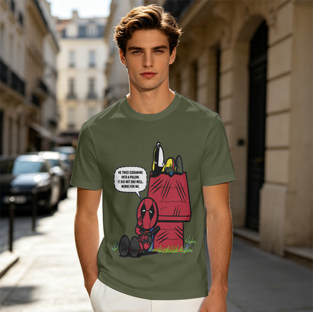 Olive t-shirt with Deadpool and Snoopy mashup graphic