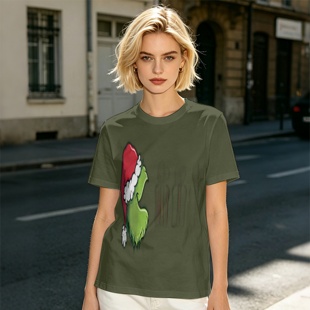 Olive Green Grinch Christmas Graphic Short Sleeve T-Shirt
