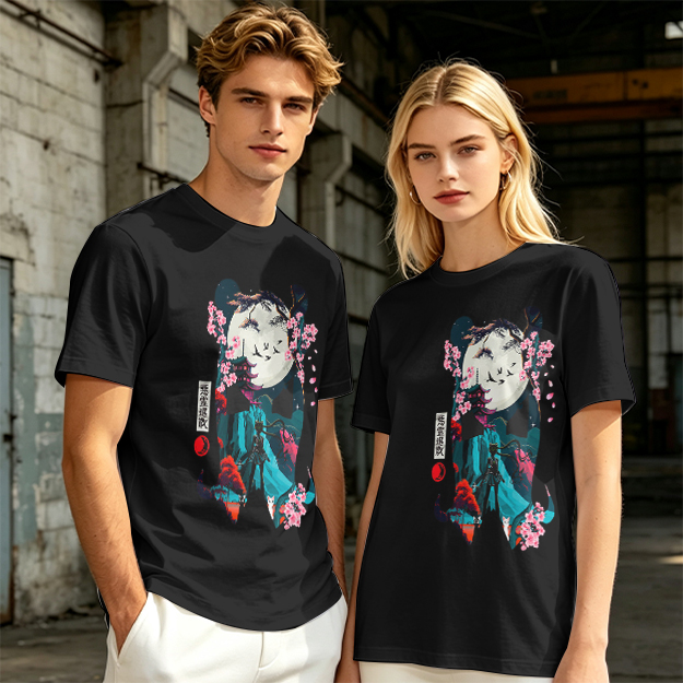 Olive T-shirt with Japanese-inspired moon and cherry blossom graphic
