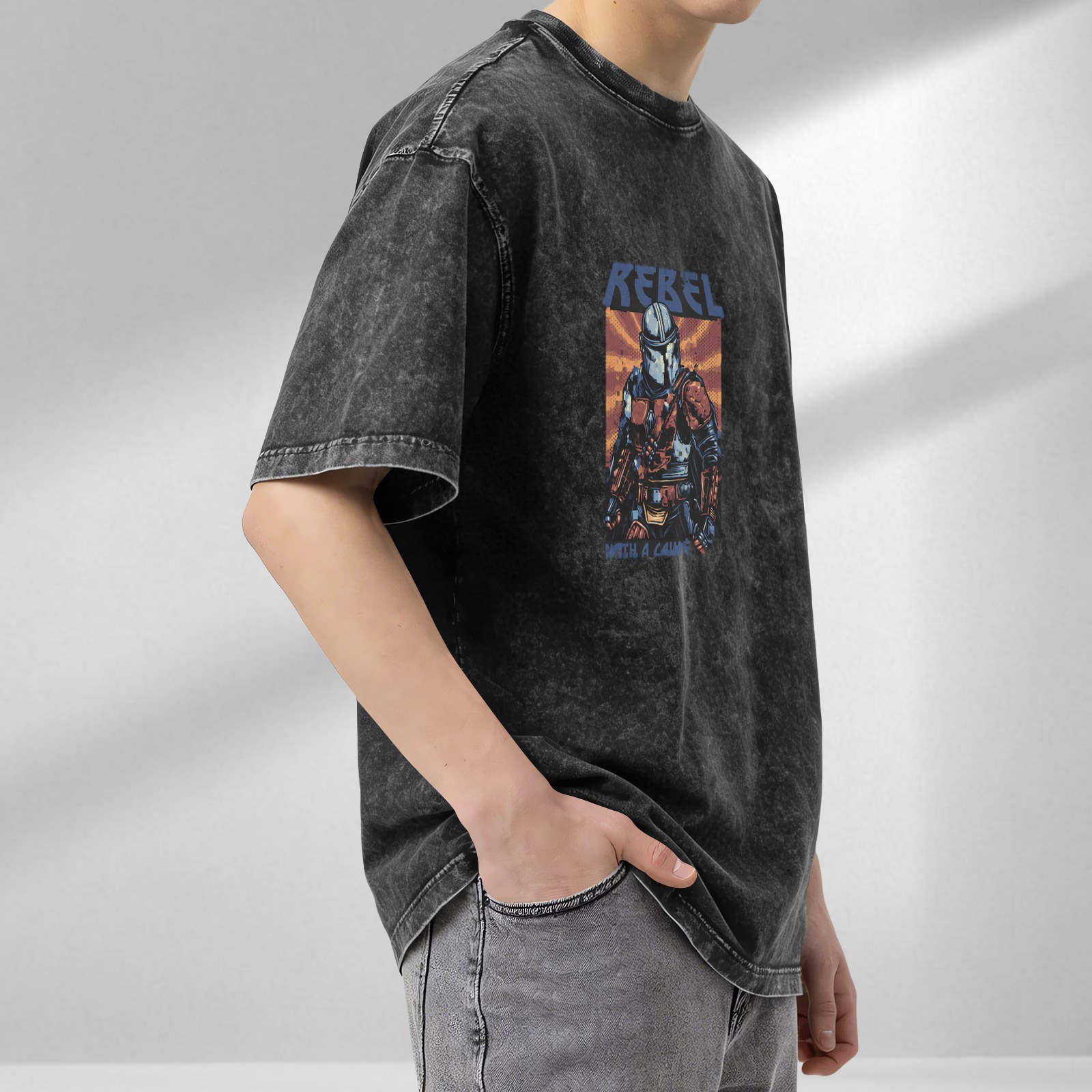 Washed Black T-Shirt With Rebel Bounty Hunter Graphic