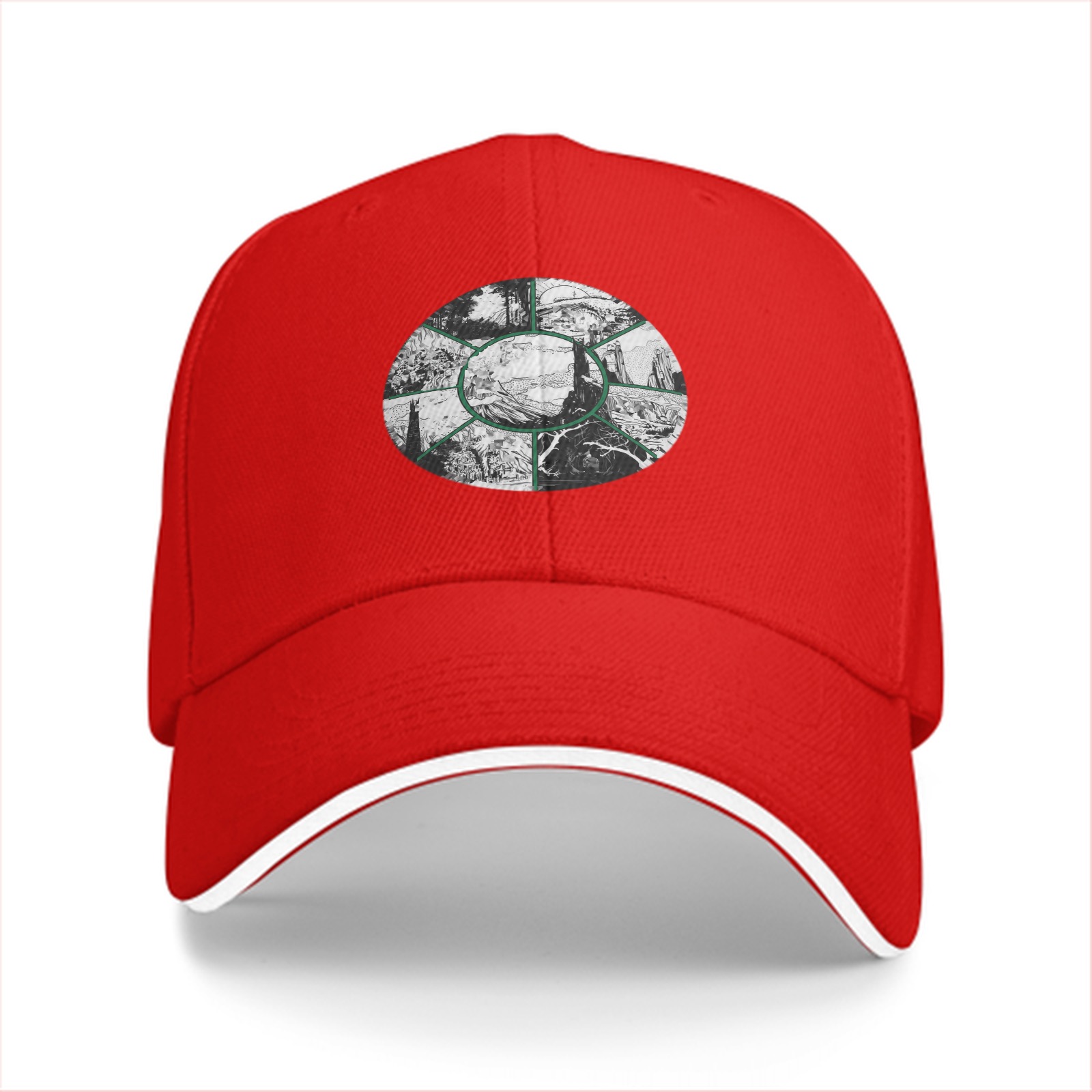 Black Baseball Cap With Circular Nature Landscape Graphic