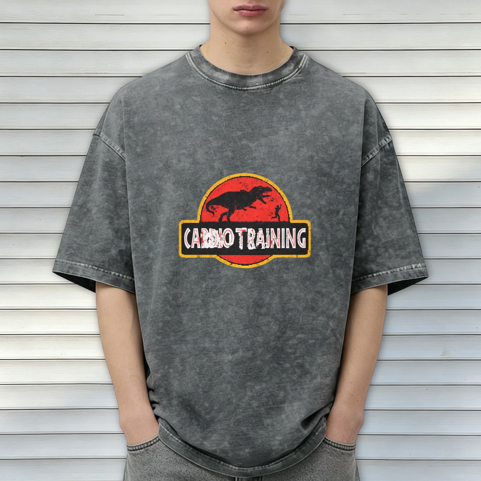 Washed Black T-Shirt with Funny Cardio Training Dinosaur Graphic