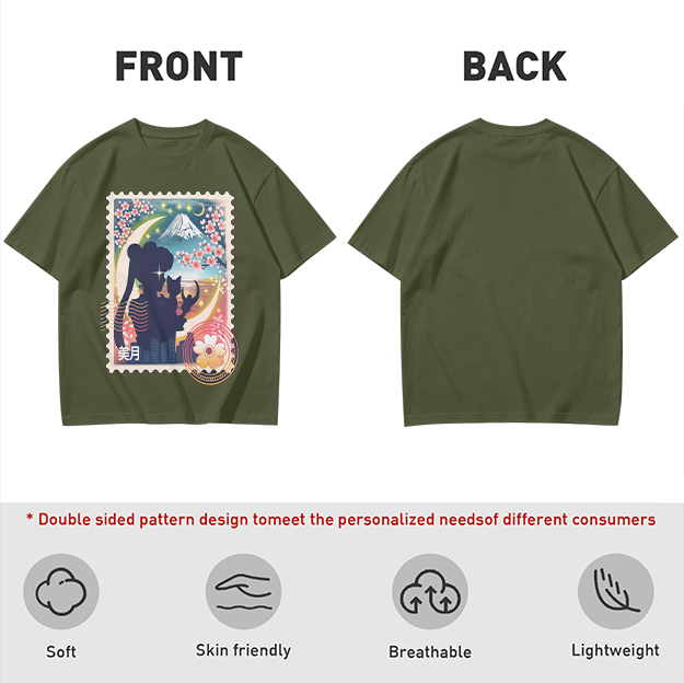 Olive T-shirt with Japanese stamp-style anime graphic print
