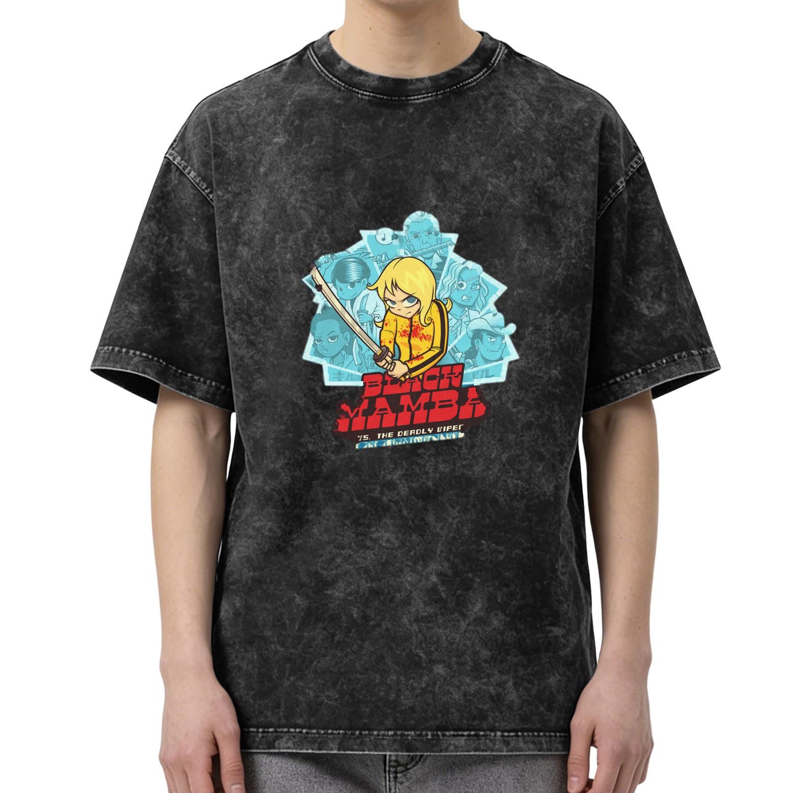 Washed distressed black short-sleeved T-shirt Kill Bill themed cartoon print Black Mamba pattern top