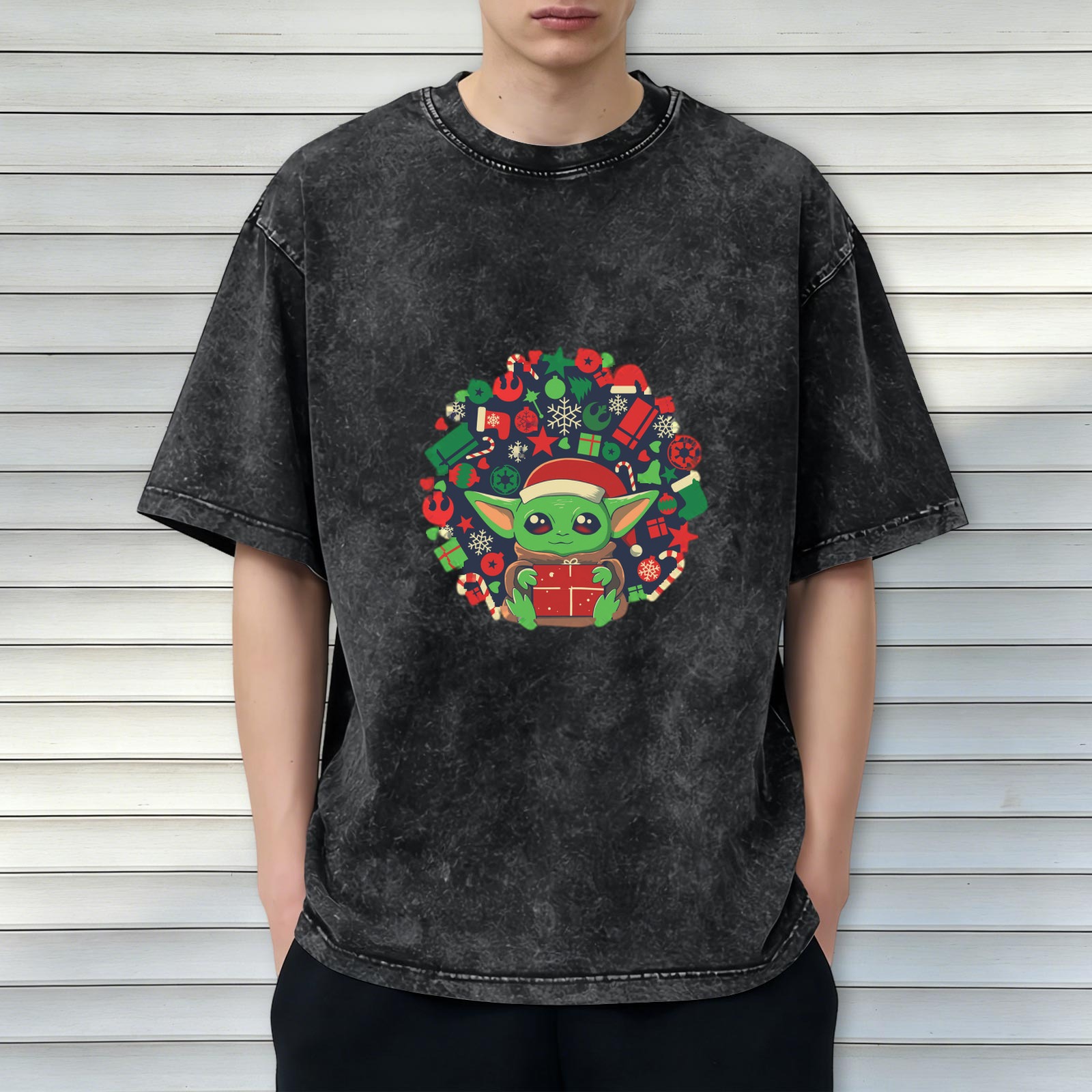 Baby Yoda Christmas Wreath Graphic Stonewashed Black T-Shirt