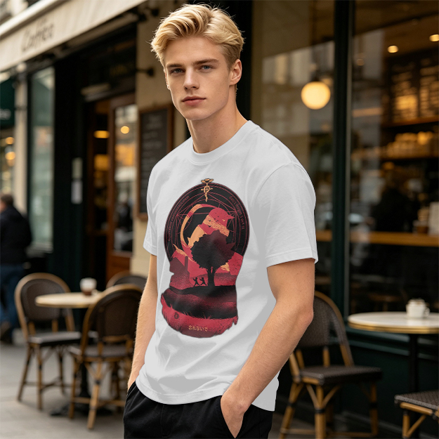 Olive t-shirt with Fullmetal Alchemist inspired sunset landscape print