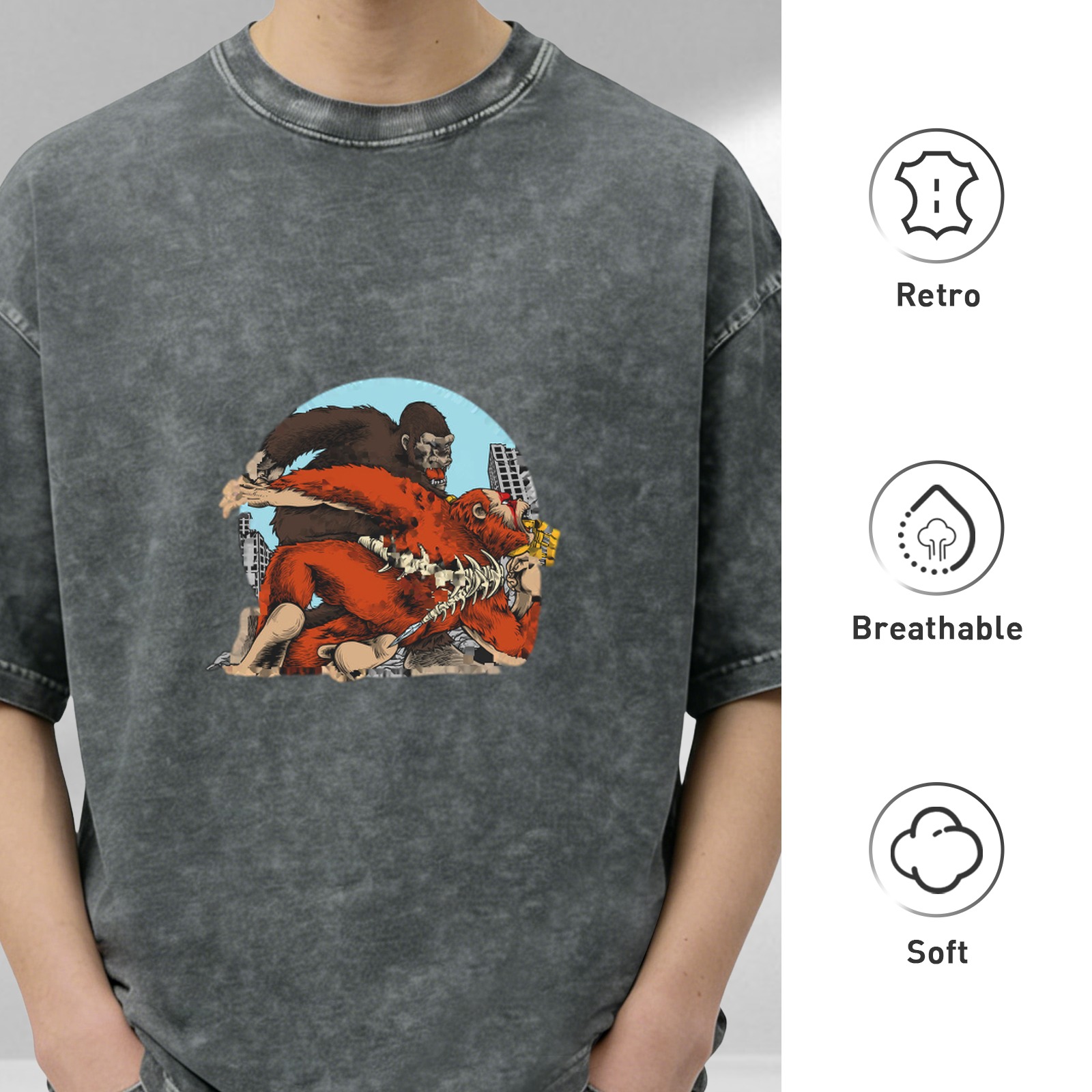 Washed black graphic t-shirt with giant ape monster battle print