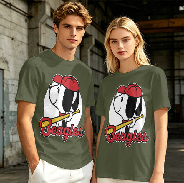Olive green t-shirt with Snoopy baseball Beagles graphic