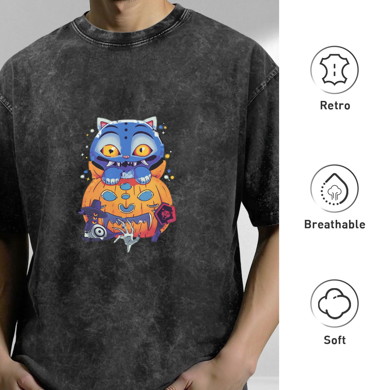 Oversized dark washed graphic t-shirt with spooky Halloween cat and pumpkin