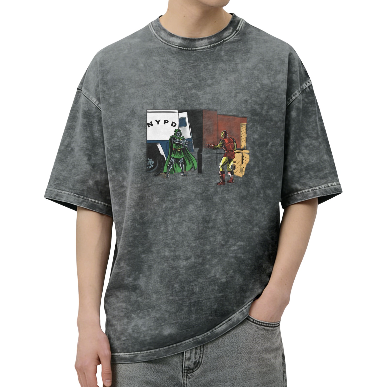 Oversized Acid Wash Graphic T-shirt with Comic Superhero Print