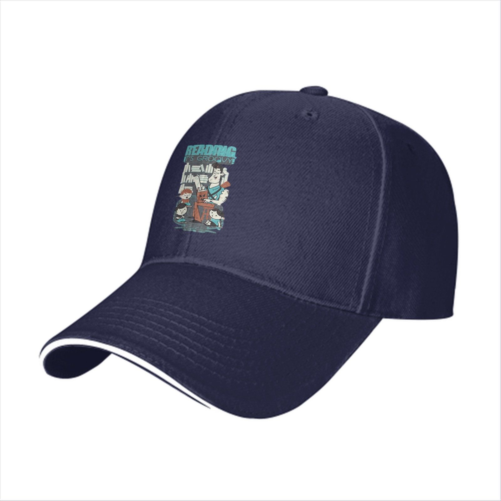 Black baseball cap with retro reading themed graphic print