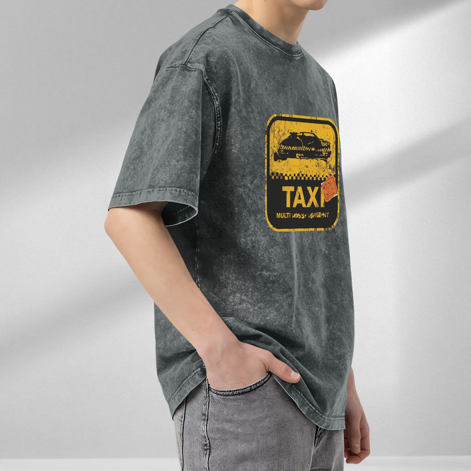 Distressed washed black Taxi theme printed short-sleeved T-shirt loose style