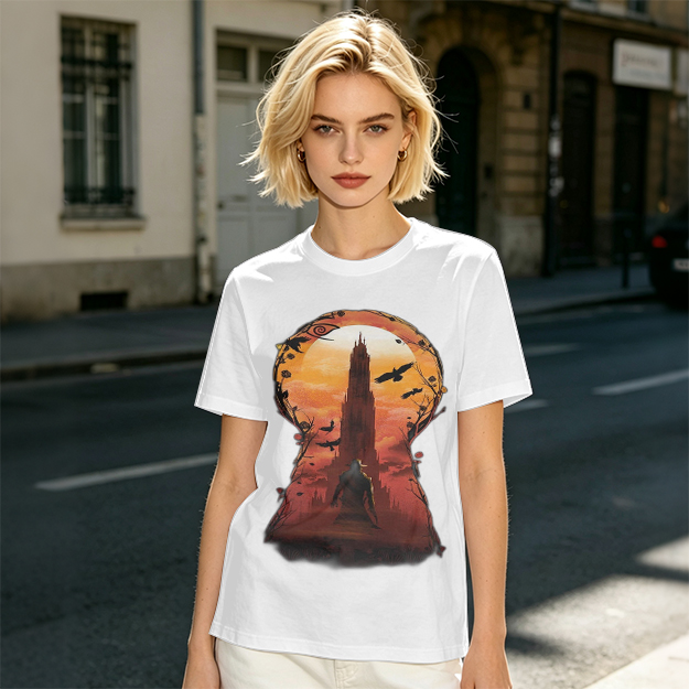 Olive T-Shirt with Keyhole Sunset Tower Art Print