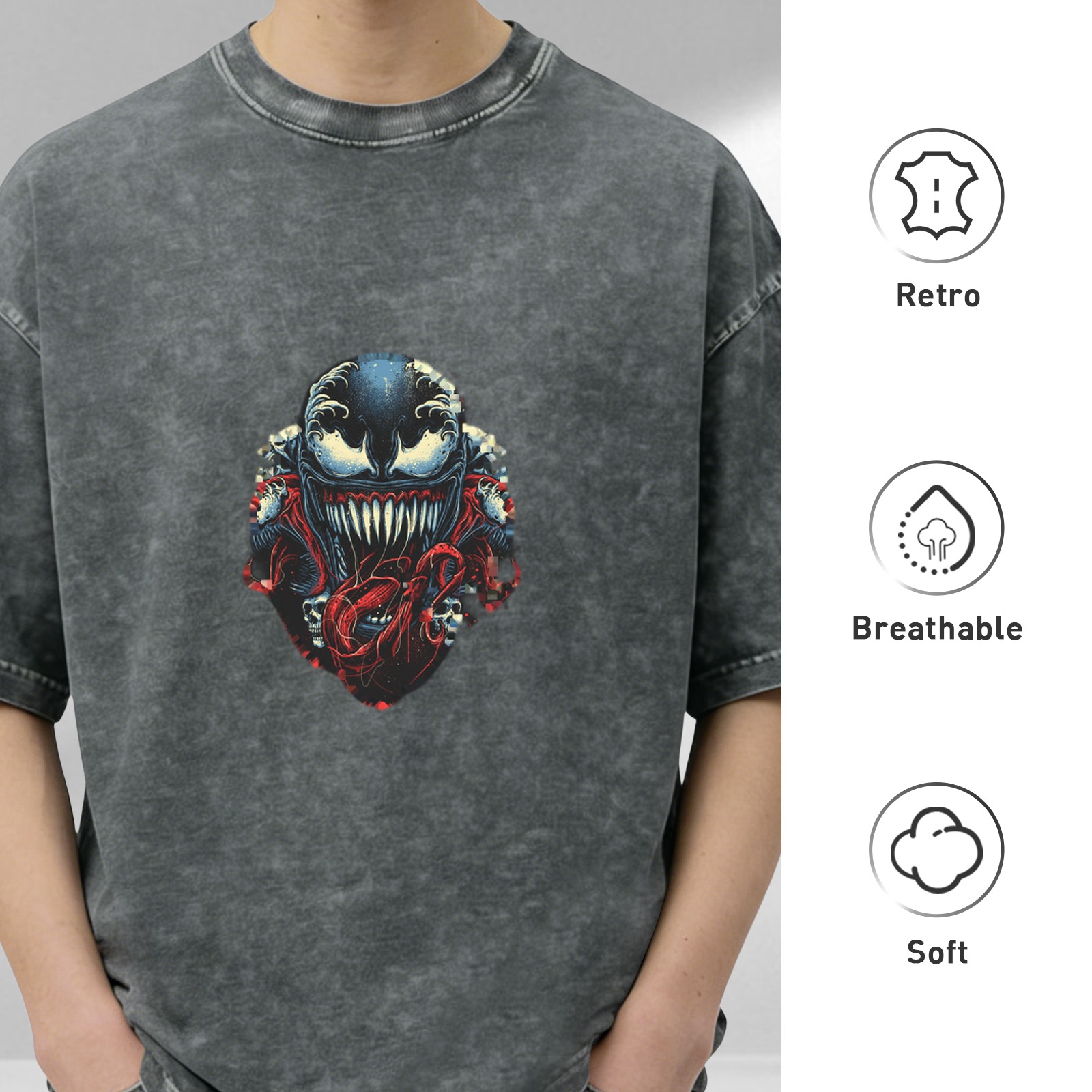 Marvel Venom themed distressed washed loose short-sleeved T-shirt