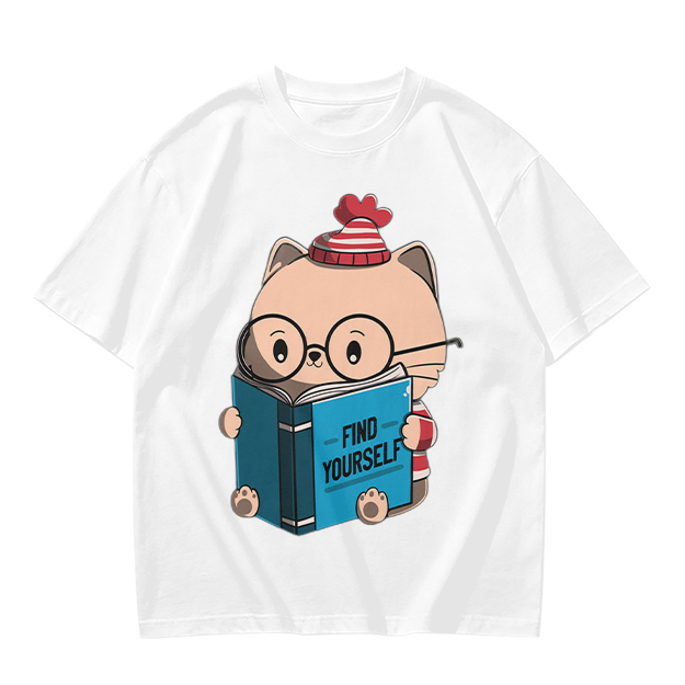 Olive T-shirt with Cute Reading Cat Graphic 'Find Yourself'