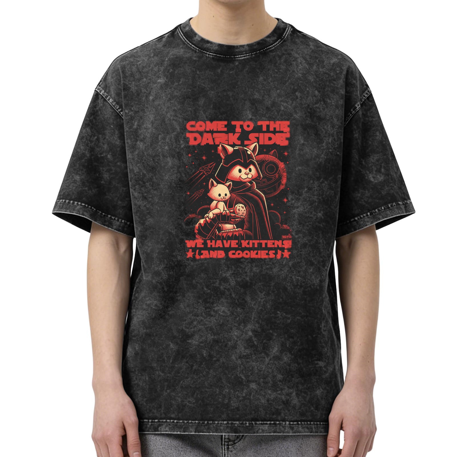 Dark side cat kitten cookie graphic acid wash t-shirt