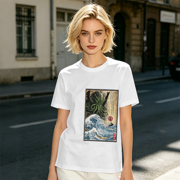 Olive T-shirt with Cthulhu Great Wave Japanese Art Print