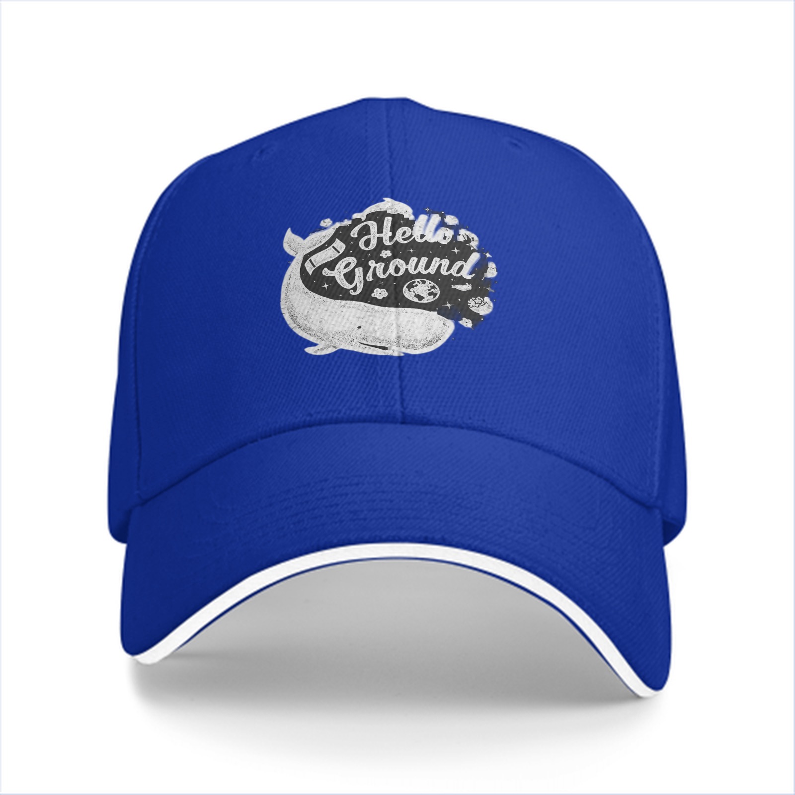Black baseball cap with Hello Ground whale graphic print