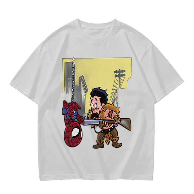 Olive T-shirt with Spider-Man and Hunter Cartoon Print