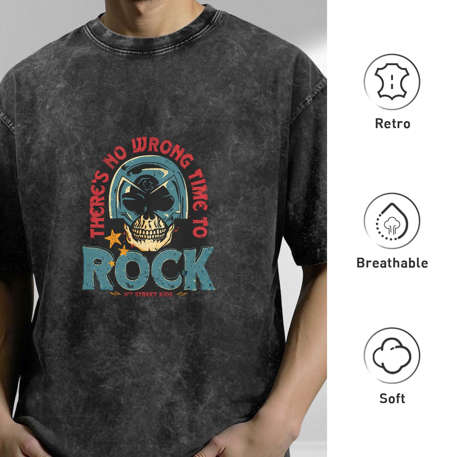 Washed Black Graphic T-Shirt with 'There's No Wrong Time To Rock' Skull Design