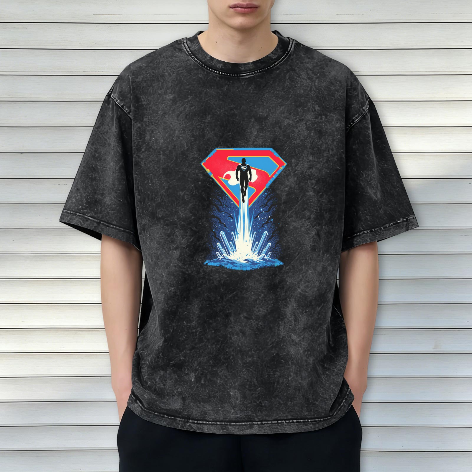 Washed Black T-Shirt with Superman Flying From Water Graphic