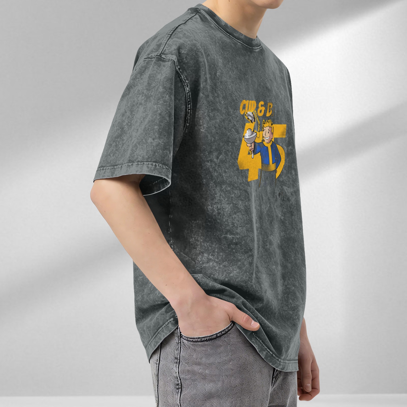Oversized faded t-shirt with Vault Boy Cup & B 45 graphic