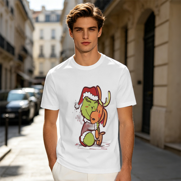 Olive Christmas T-Shirt Featuring Grinch Hugging Max The Reindeer