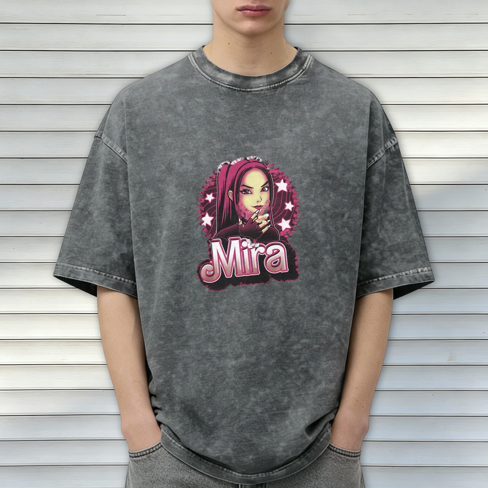 Washed Black Graphic T-Shirt with Mira Anime Girl Print