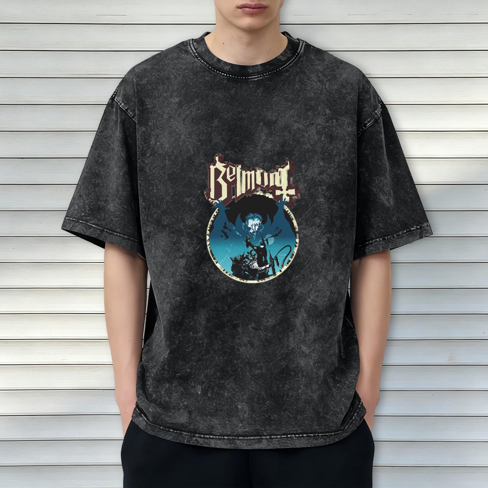 Oversized Dark Wash Graphic T-Shirt with Belmont Vampire Art