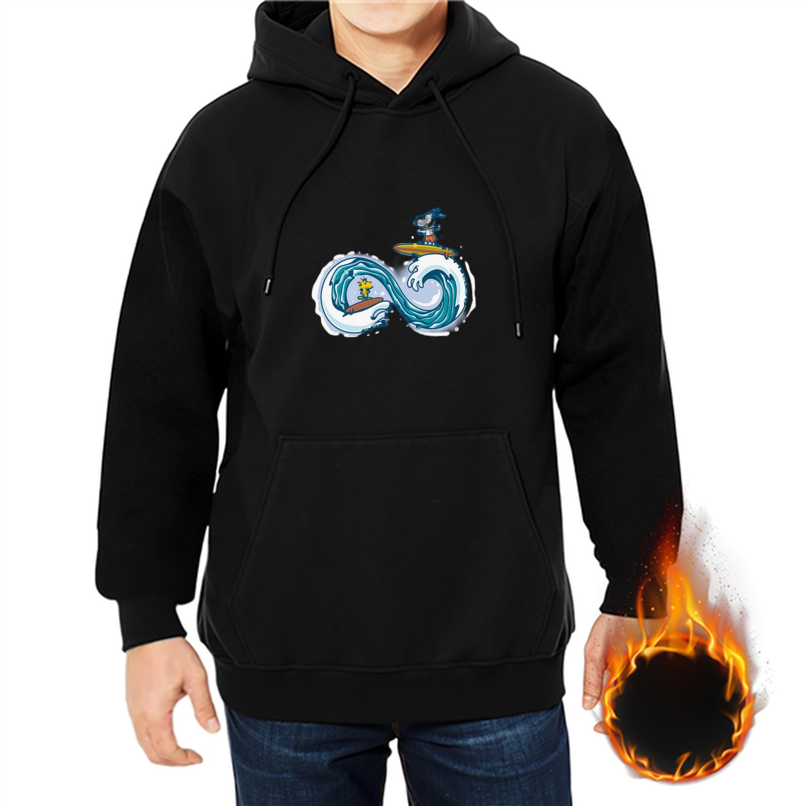 Black Hoodie With Infinity Wave Surfing Graphic Print