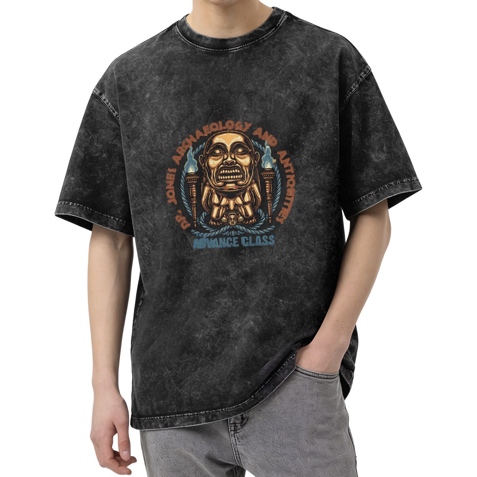 Washed Black T-Shirt with Ancient Idol Archaeology Graphic