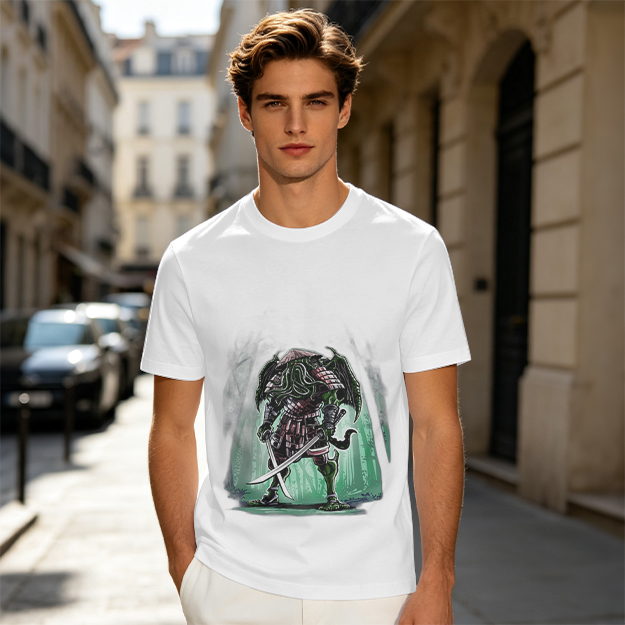 Olive T-Shirt With Samurai Cthulhu Warrior Graphic Print
