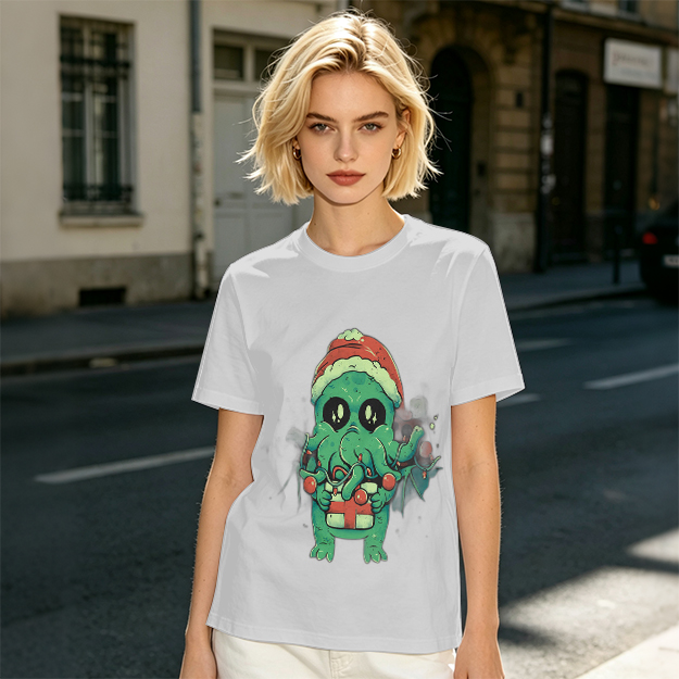 Olive Green T-Shirt With Cute Christmas Cthulhu Graphic